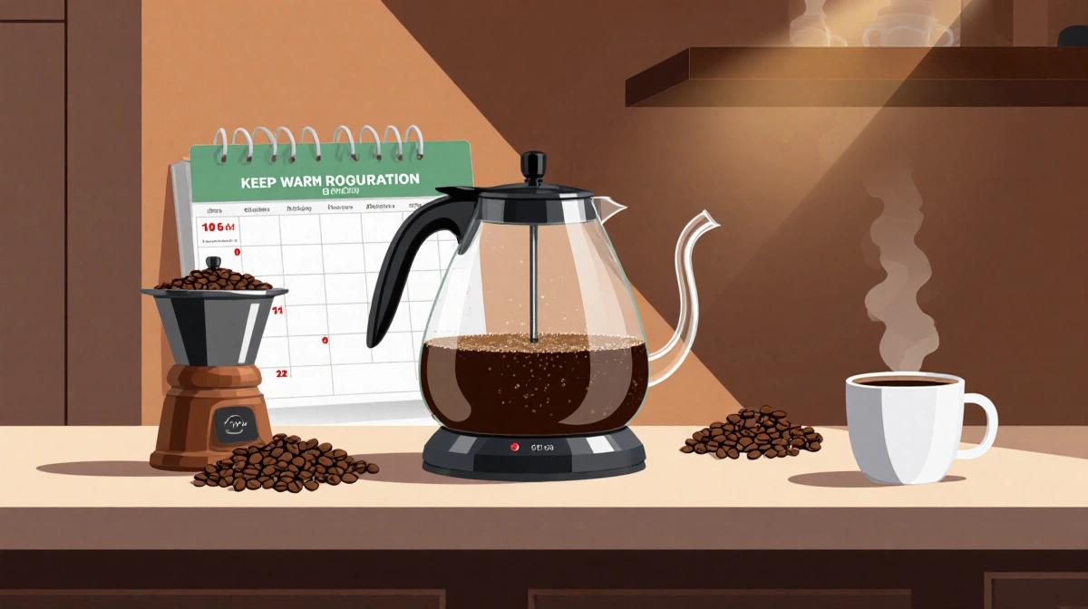 Kettle pouring with gooseneck design and warm lighting with coffee grinder and calendar.