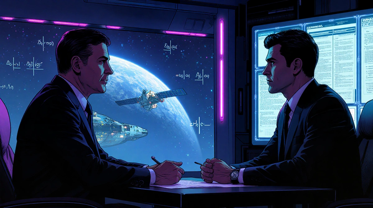 Glen Powell negotiating with Sam Esmail in futuristic room with neon screens and spaceship visible through window