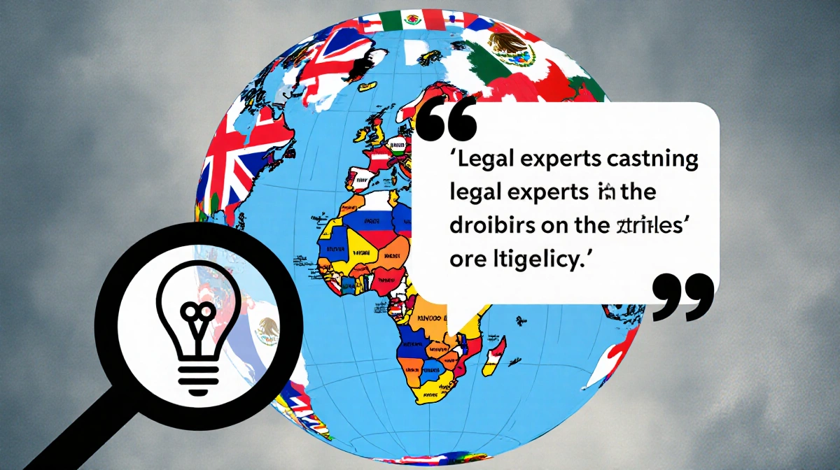 Globe shows flags of Russia United Kingdom Mexico and others near a magnifying glass and speech bubble showing legal experts 