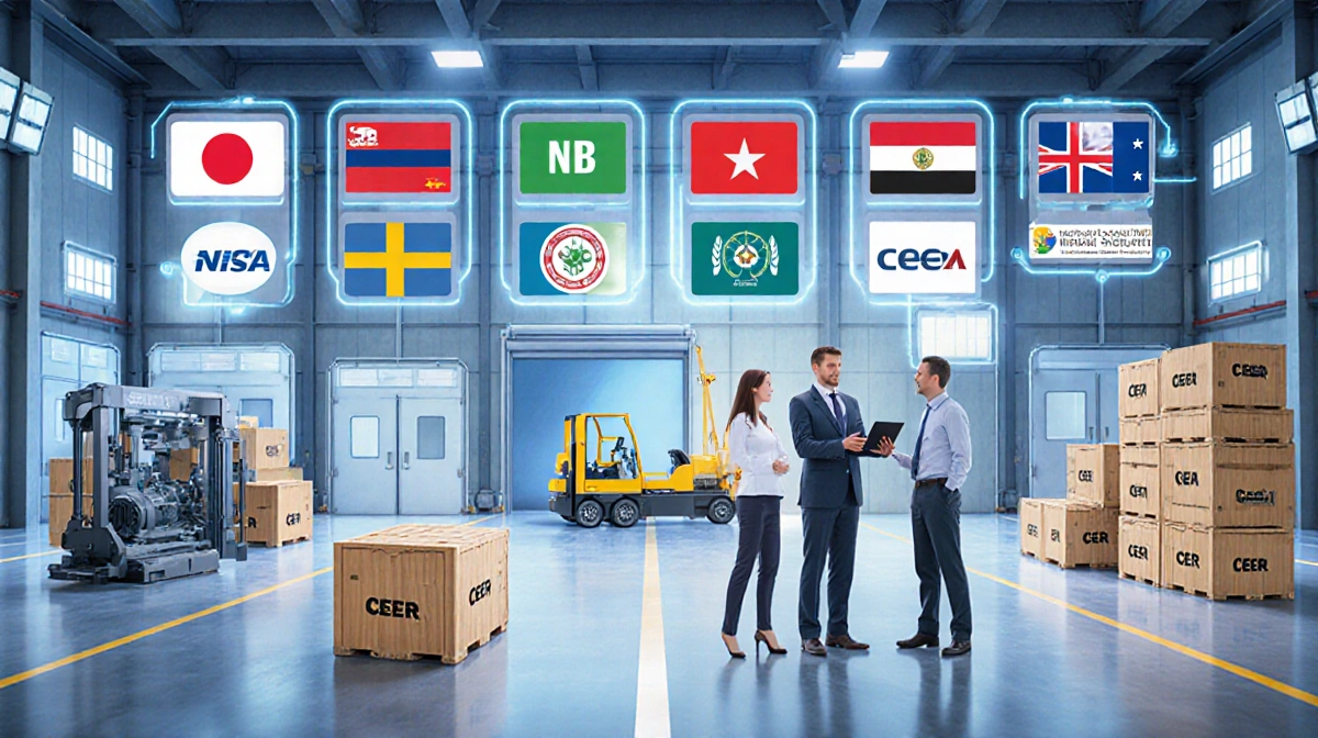 CEER executives inspecting crates with global supplier logos and electronics showing supply chain partnerships