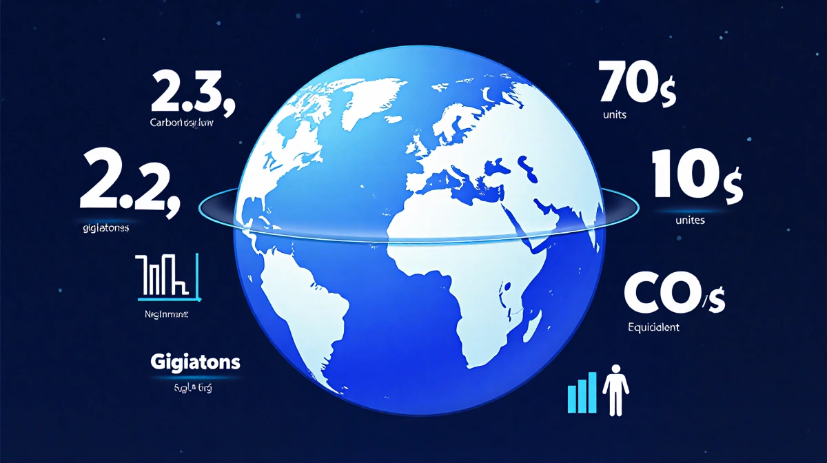 A translucent line circles a globe showing the 2.3-ton carbon budget with white numbers and a tiny human figure below