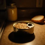 A single can of tuna sits open on cluttered kitchen counter with bread slices and mayonnaise nearby casting long shadows