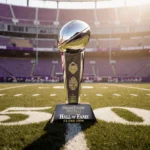 Silver College Football Hall of Fame trophy gleams on golden field with purple hues and green grass