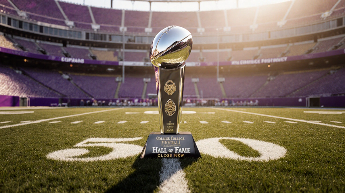 Silver College Football Hall of Fame trophy gleams on golden field with purple hues and green grass
