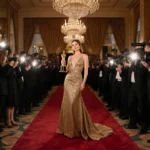 Actress poses with Golden Globe trophy in gold gown with chandeliers and champagne bottles behind her