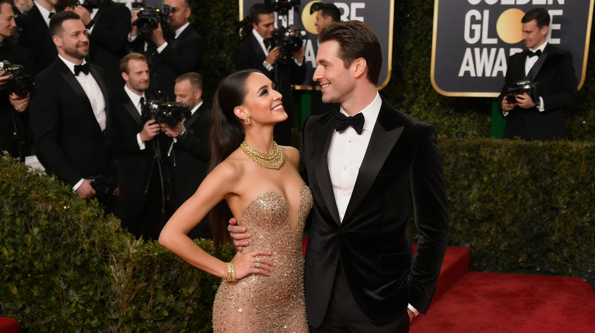 TV star posing on red carpet with handsome date and golden Globes backdrop showing elegant gowns