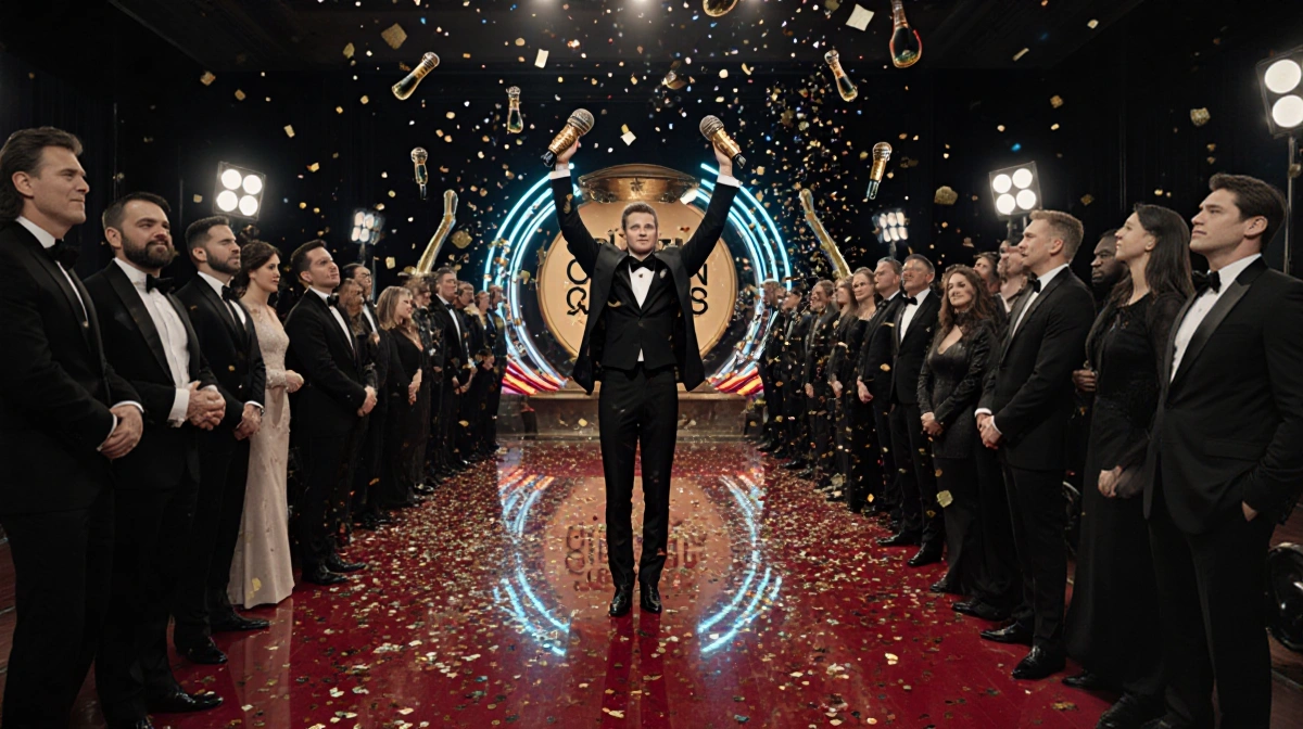 Golden Globe winner raises arms in victory with confetti falling and neon lights reflecting off the ballroom floor