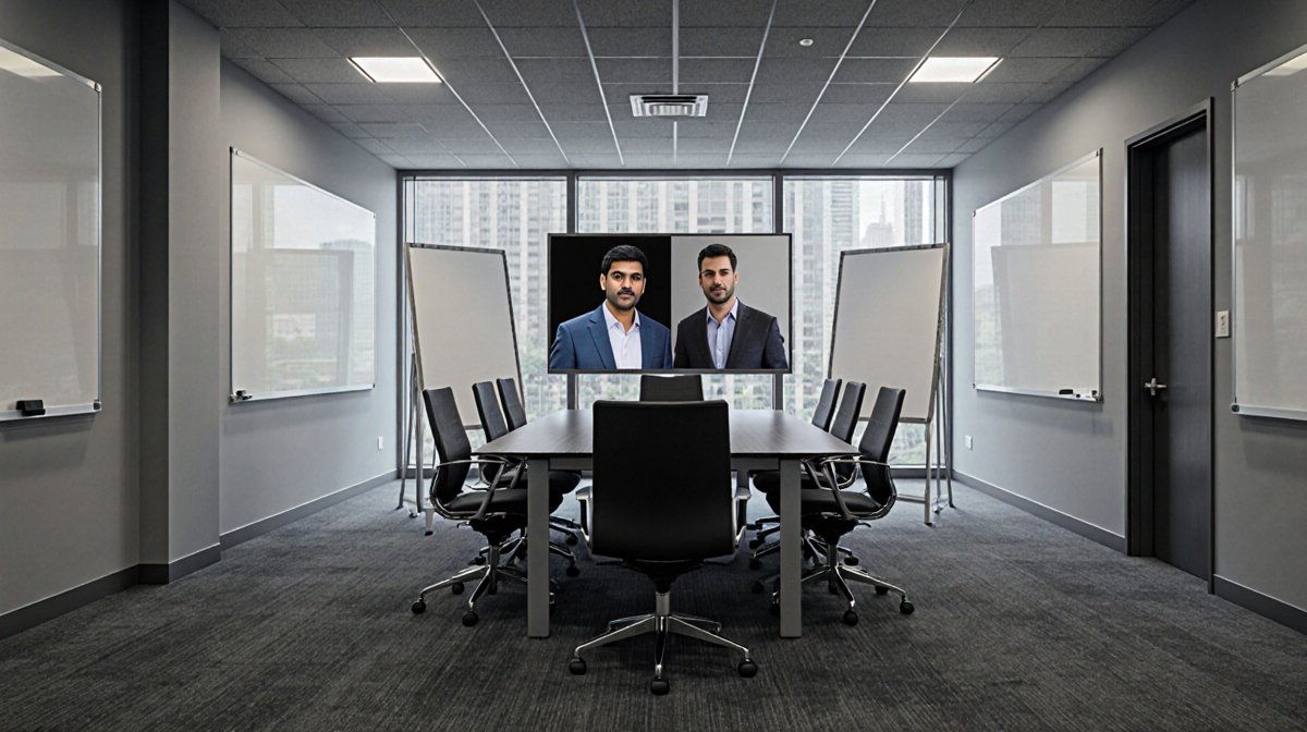 Empty chair waits at office table with whiteboards and a faint camera image of Sundar Pichai.