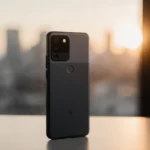 Google Pixel 9A smartphone glows with warm sunrise light on a minimalist desk and blurred cityscape background