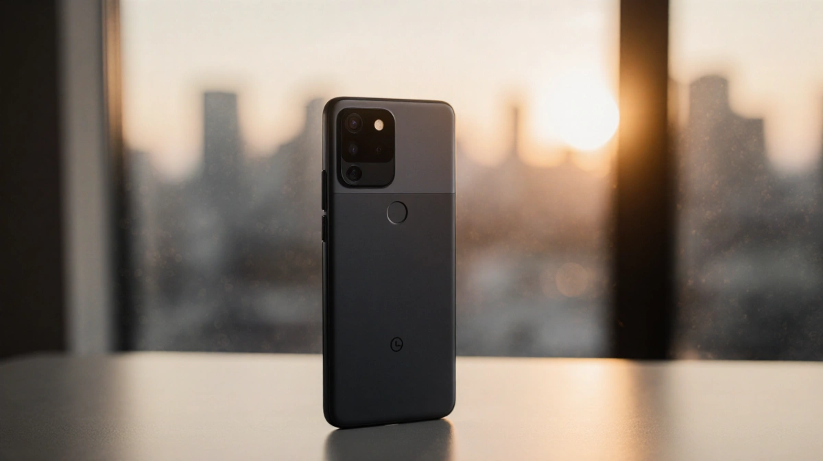Google Pixel 9A smartphone glows with warm sunrise light on a minimalist desk and blurred cityscape background