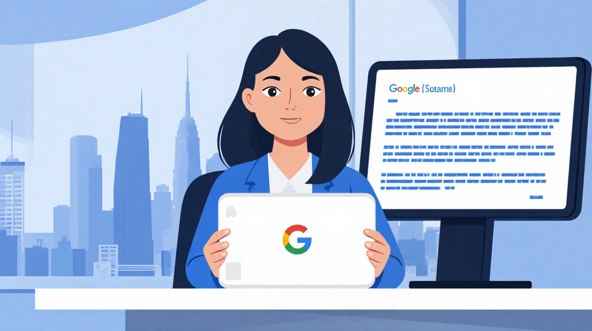 Google spokesperson defends AI systems with tablet showing statement and blurred cityscape behind