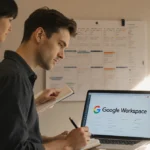Person planning business tasks with Google Workspace on laptop and notebook in hand near calendar