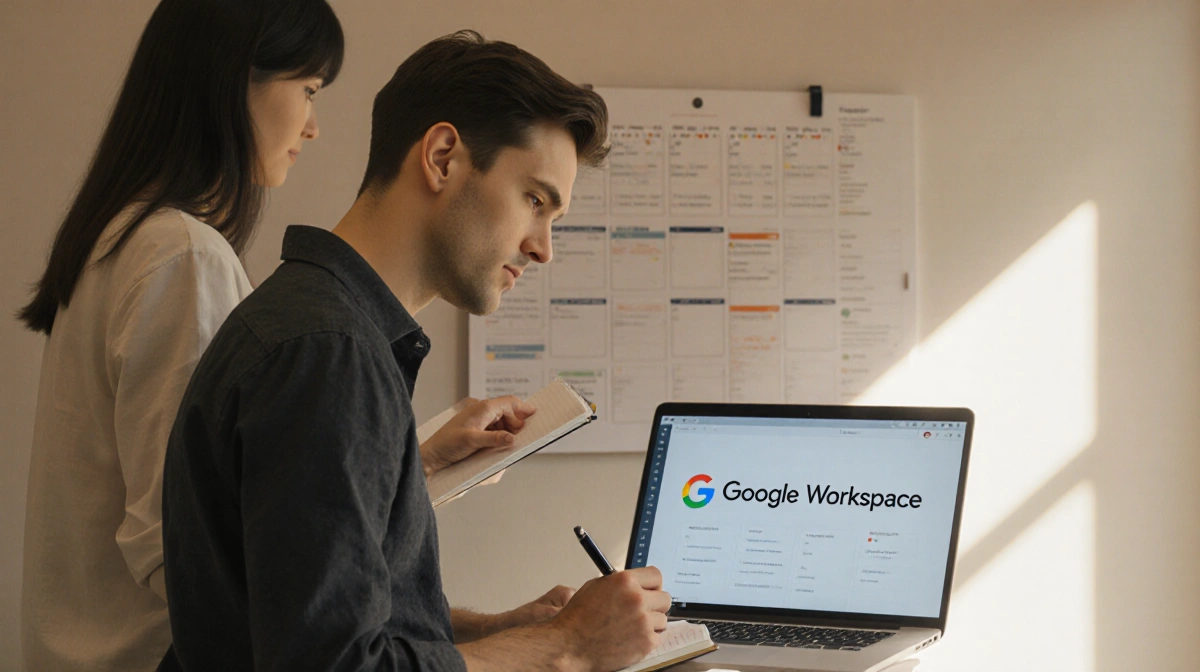 Person planning business tasks with Google Workspace on laptop and notebook in hand near calendar
