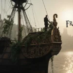 Gothic boat docked on misty European shoreline with golden light showing figure at helm