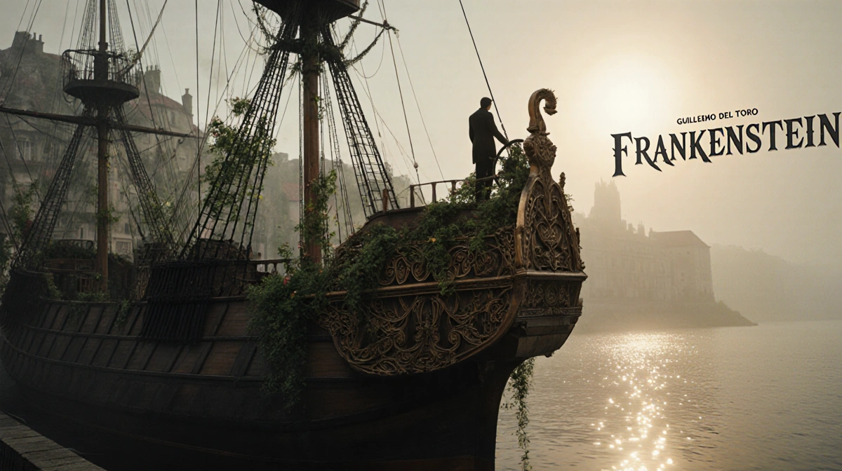 Gothic boat docked on misty European shoreline with golden light showing figure at helm