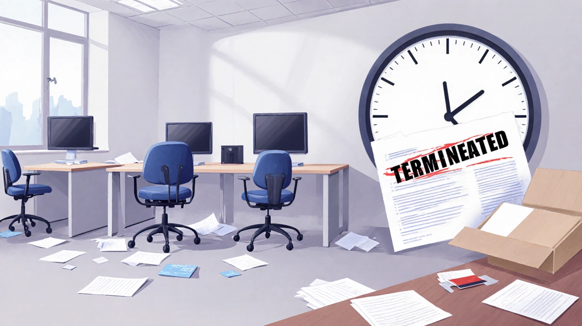 Empty chairs and idle computers fill abandoned staff room with terminated funding notice on table showing grant crisis