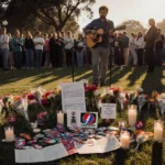Musician playing acoustic guitar at Golden Gate Park memorial with flowers and candles surrounding altar