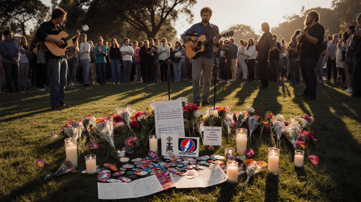 Musician playing acoustic guitar at Golden Gate Park memorial with flowers and candles surrounding altar
