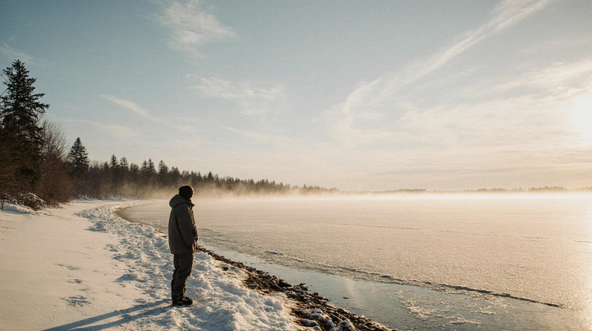 Lone figure stands at frozen Great Lakes shoreline with golden dawn light casting long shadows across snow