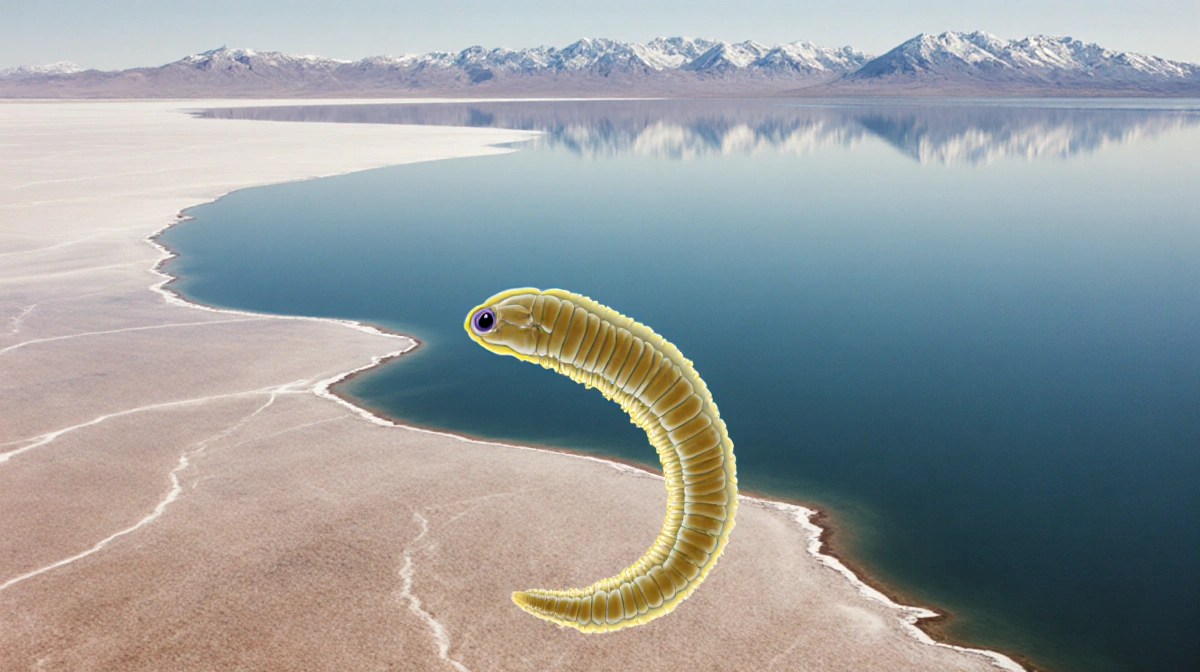 Bird's-eye view of Great Salt Lake with nematode worm floating above the reflective water surface showing earthy tones
