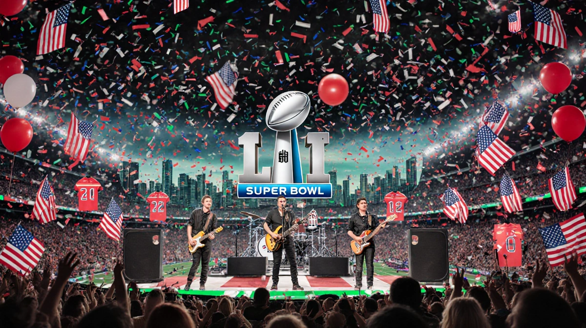 Green Day performing on stage with American flags and NFL football speakers at Super Bowl opening