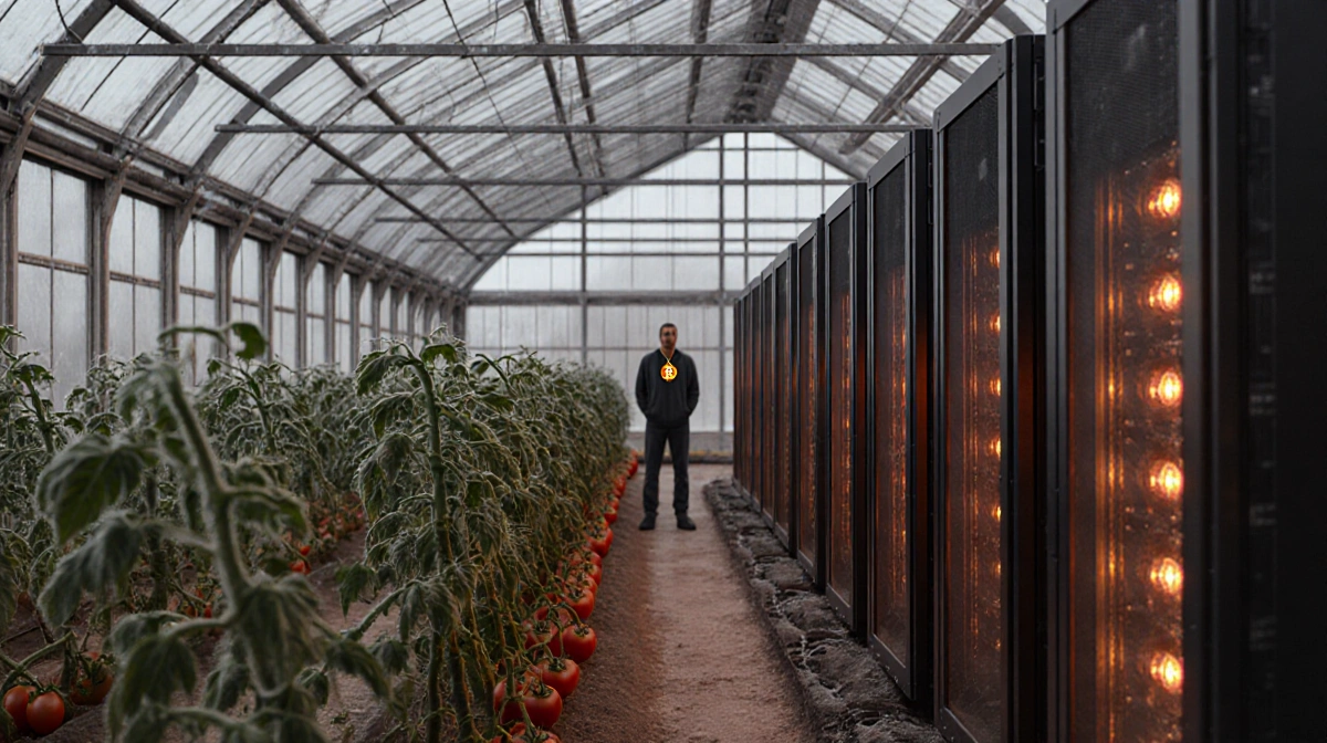 Farmer tends tomato vines thriving under LED mining rigs with Bitcoin pendant and frosty greenhouse windows showing winter ou