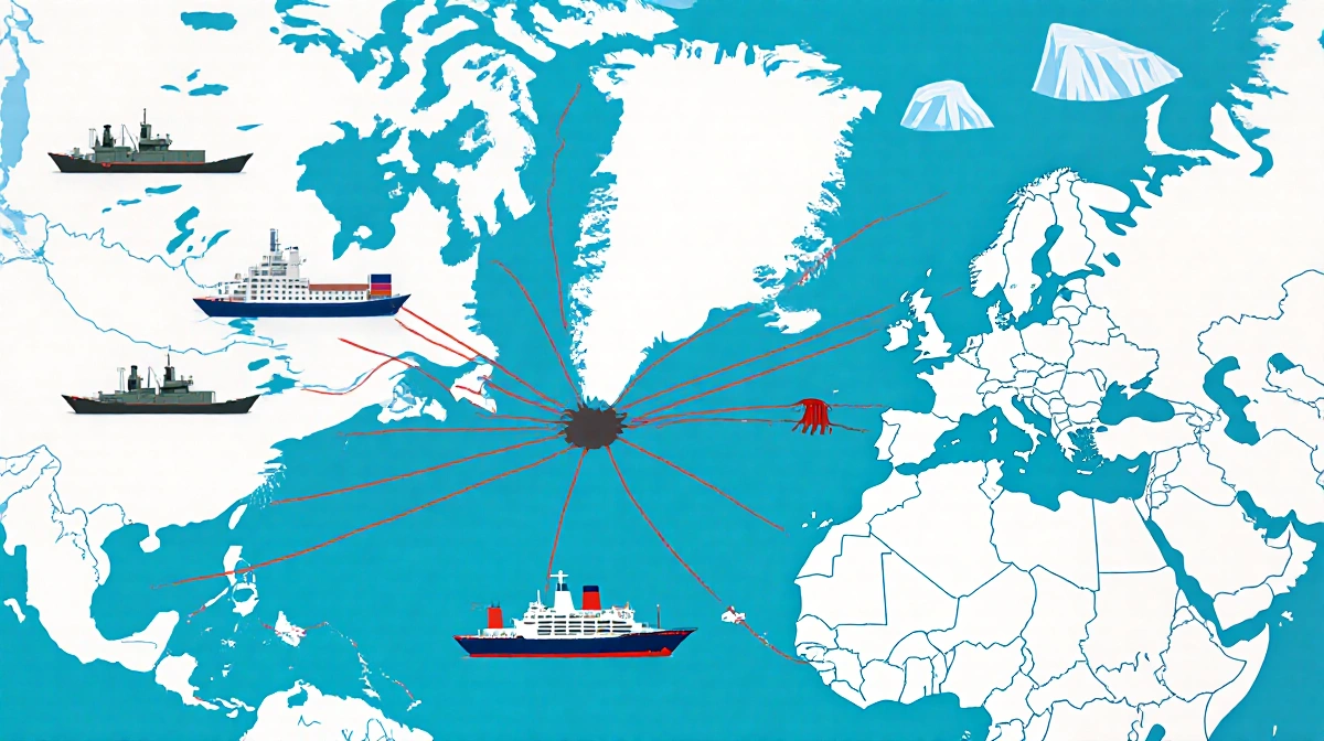 Greenland map shows converging trade routes with ships passing melting icebergs and renewable energy infrastructure