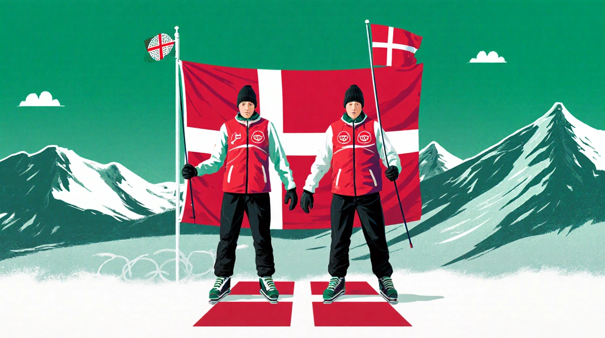 Identical twin athletes stand with Denmark and Greenland flags showing tension and divided Olympic identity