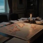 Diplomatic desk covered with Greenland maps and papers with candle lighting red-dotted North Atlantic documents