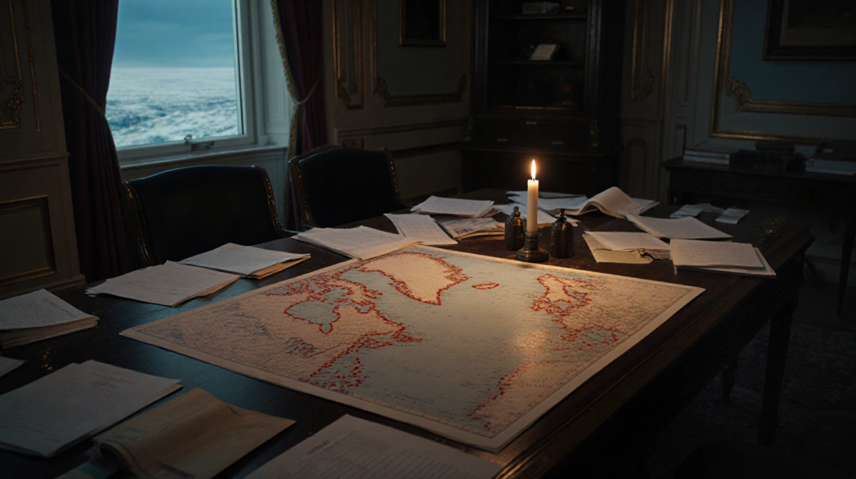 Diplomatic desk covered with Greenland maps and papers with candle lighting red-dotted North Atlantic documents
