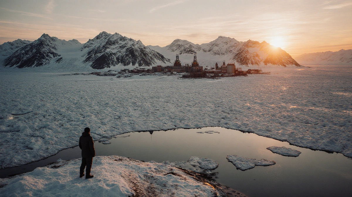 Lone figure stands at frozen lake edge with Greenland mountains glowing orange at sunset and distant mining operation visible