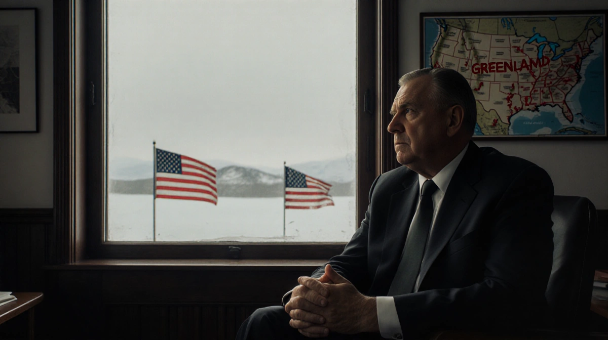 Greenlandic official sits at desk with US flag visible through window and map showing US name scribbled in red ink
