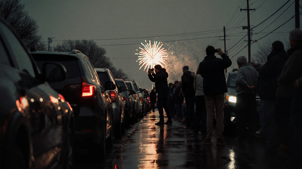 Person taking photos of gridlock cars with neon lights reflecting off wet pavement and fireworks in distant sky