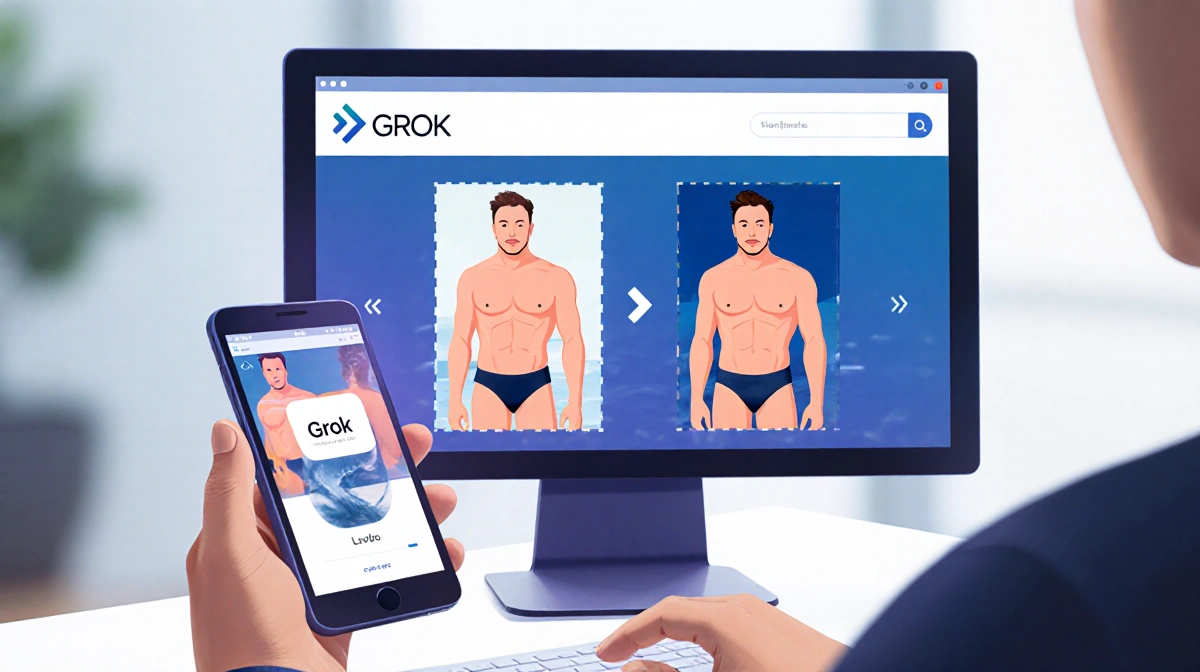 User editing Elon Musk photo on Grok app with swimsuit partially removed and website visible on screen