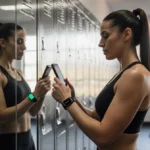 Fitness woman checking progress on phone with Fitbit on wrist near mirrored gym wall