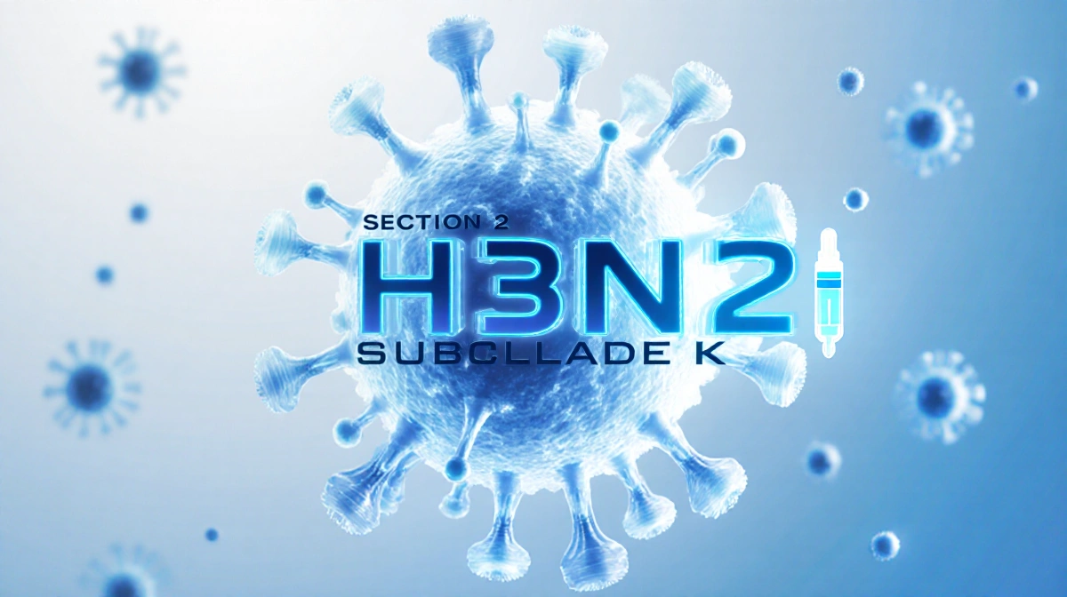Illustrated H3N2 flu virus shows bold Subclade K and a tiny vaccine needle icon against a blue gradient background