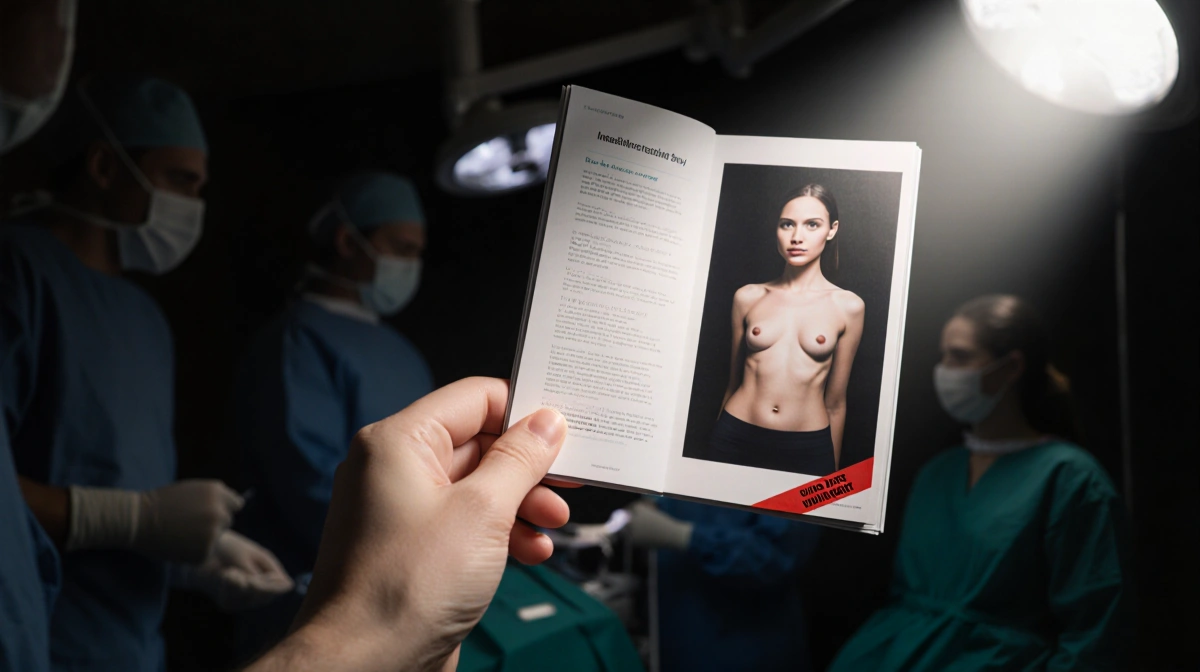 Hand holding glossy brochure with before‑and‑after body image with spotlight in operating room and red caution tape