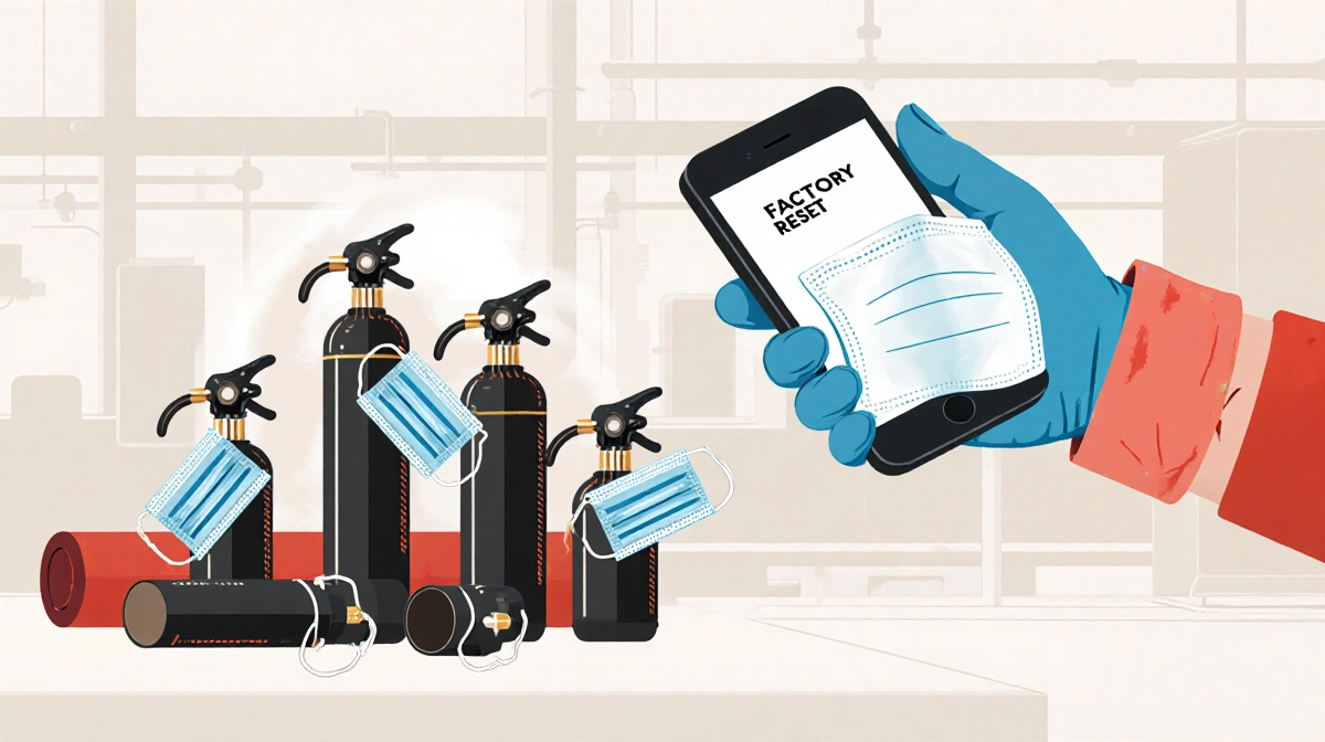 Gloved hand holding smartphone showing factory reset with cluster of pipe bombs and factory workshop backdrop