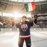 Hannah Bilka raising her stick in triumph on the ice with Team USA hockey gear and the Milano Rho Arena in a golden light