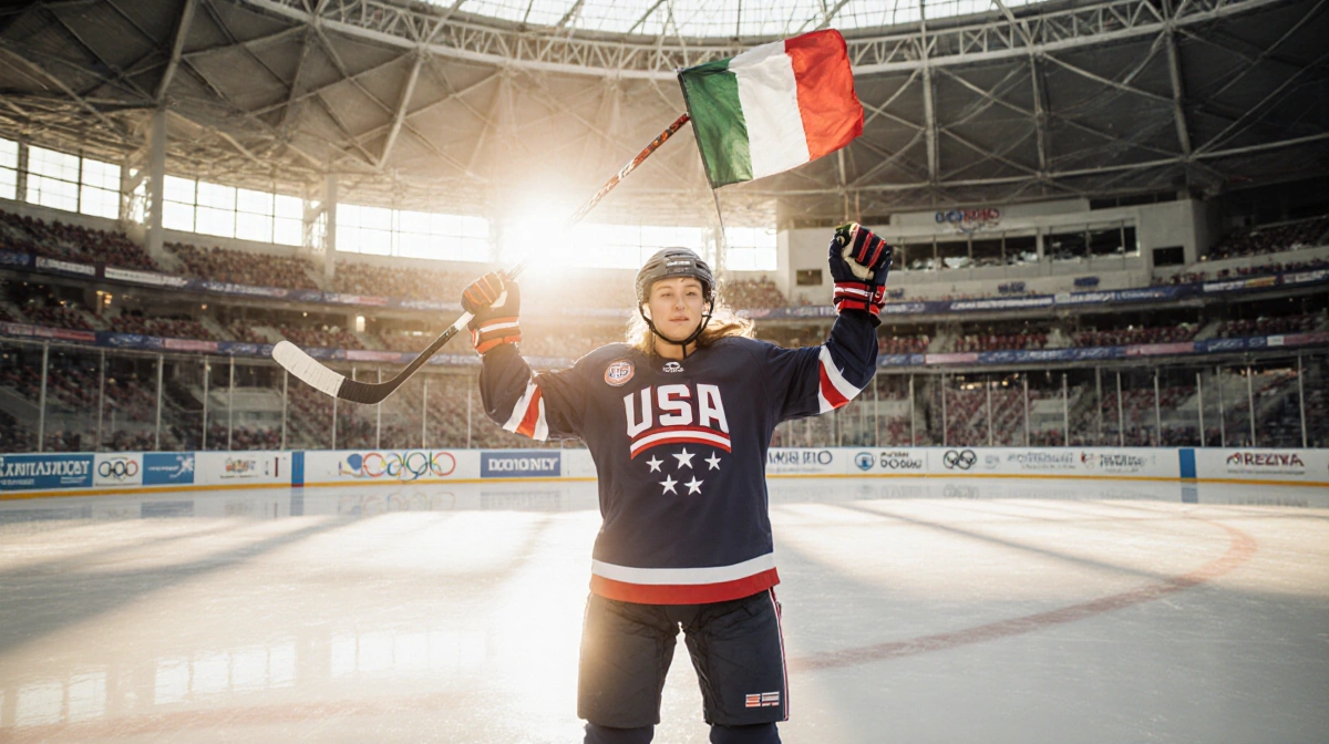 Hannah Bilka raising her stick in triumph on the ice with Team USA hockey gear and the Milano Rho Arena in a golden light