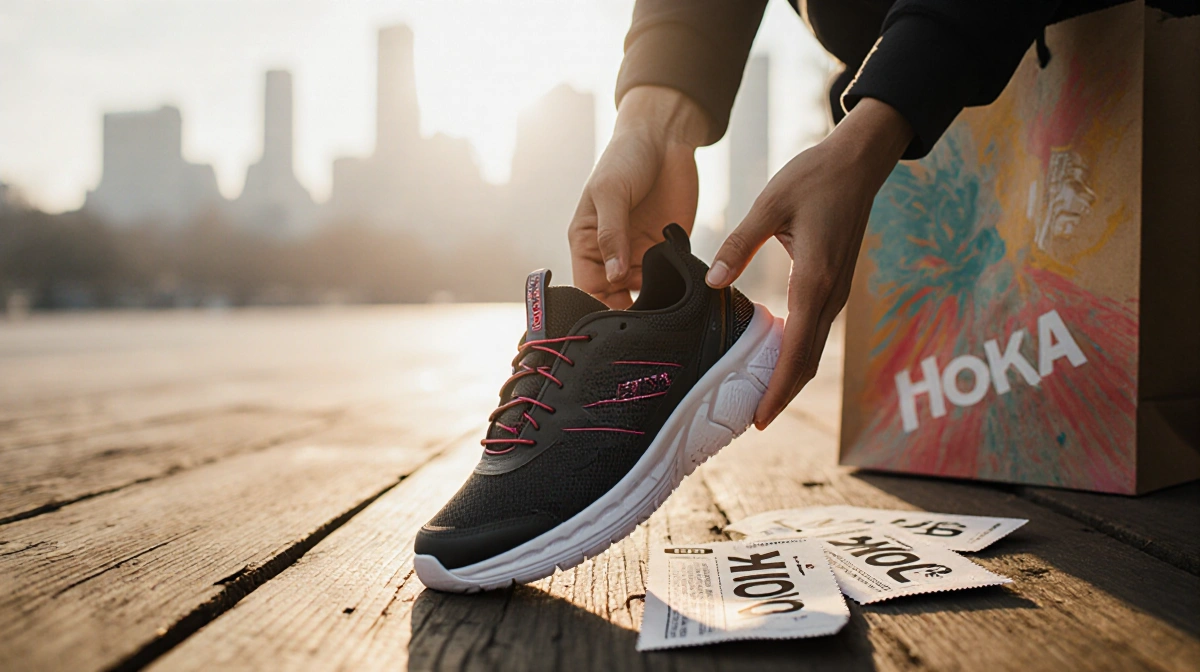 Happy shopper holds up new Hoka shoes with shopping bag and coupons on wooden floor