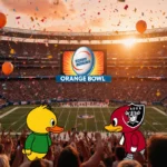 Mascots Duck and Raider Red face off on giant screen with confetti swirling and stadium lights below at Hard Rock Stadium