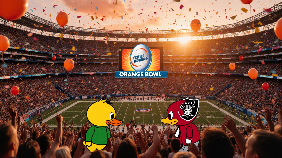 Mascots Duck and Raider Red face off on giant screen with confetti swirling and stadium lights below at Hard Rock Stadium
