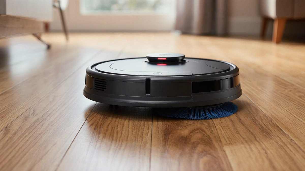 Robot vacuum gliding on hardwood floor showing suction marks with brush roll and suction unit and blurred background