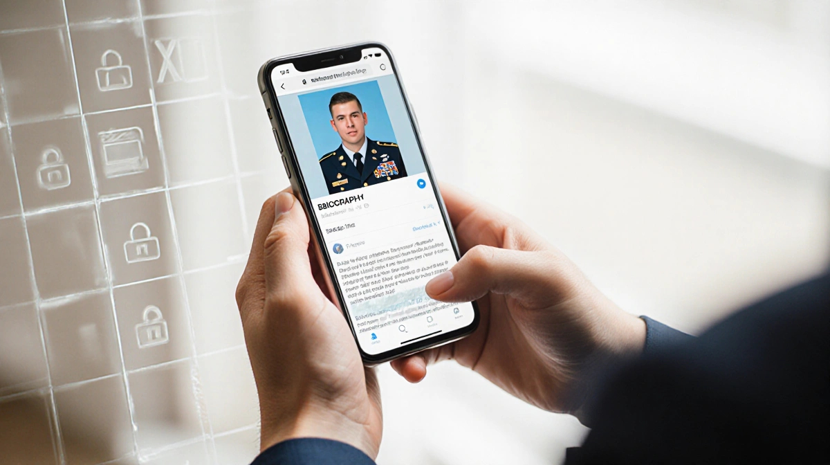 Hands holding smartphone with military officer photo and locked account overlay showing digital investigation