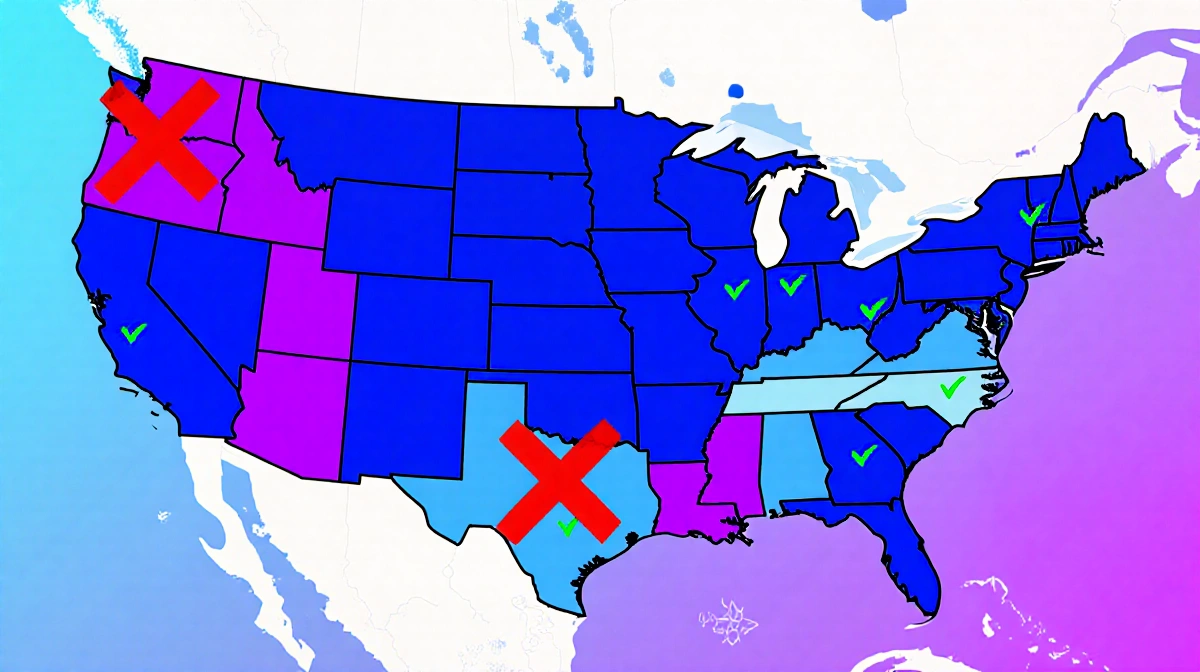 US map showing Democratic states crossed out with red X marks while Republican states display green checkmarks indicating con