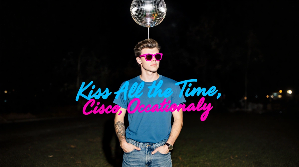 Harry Styles posing in blue jeans and pink sunglasses with disco ball casting colorful glow and album title above