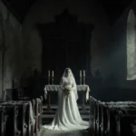 Bride stands alone at altar with tattered wedding dress and flickering candles in dark church
