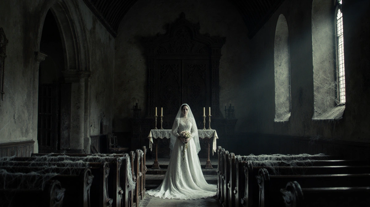Bride stands alone at altar with tattered wedding dress and flickering candles in dark church