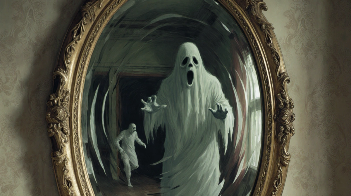 Ghost's reflection ripples in ornate mirror with fleeing silhouettes and haunted house background (87 chars)